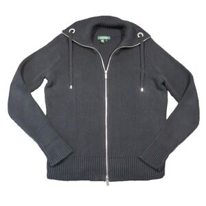 Lauren Ralph Lauren Full Zip Cardigan Women 1X Black Ribbed Mock Neck Y2K Preppy